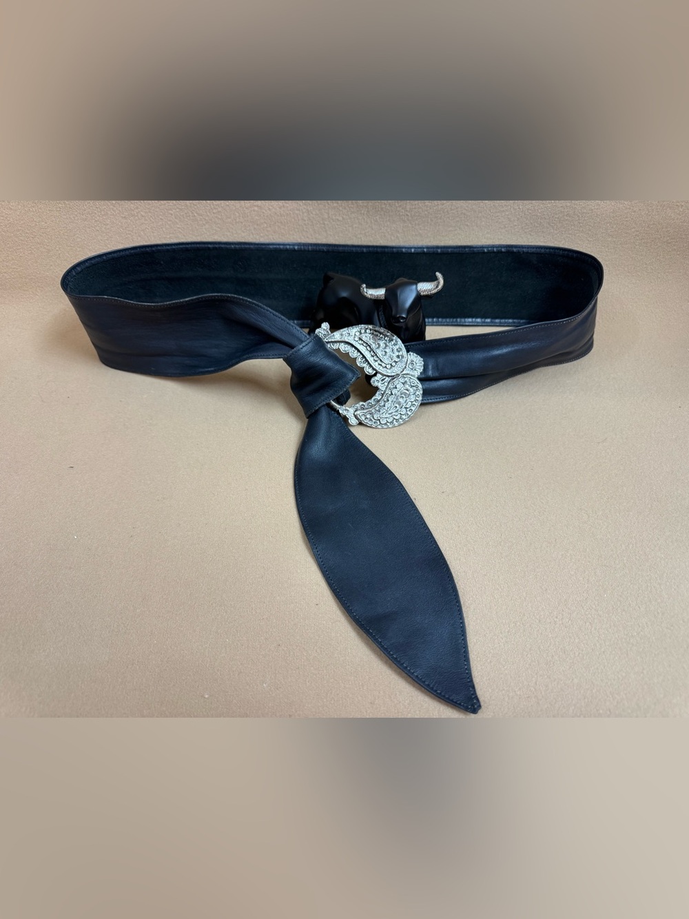 Black Leather Tie Belt with Silver Paisley Buckle